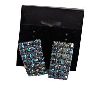 Vintage Aurora borealis clip on earrings rhinestone rectangular‎ statement